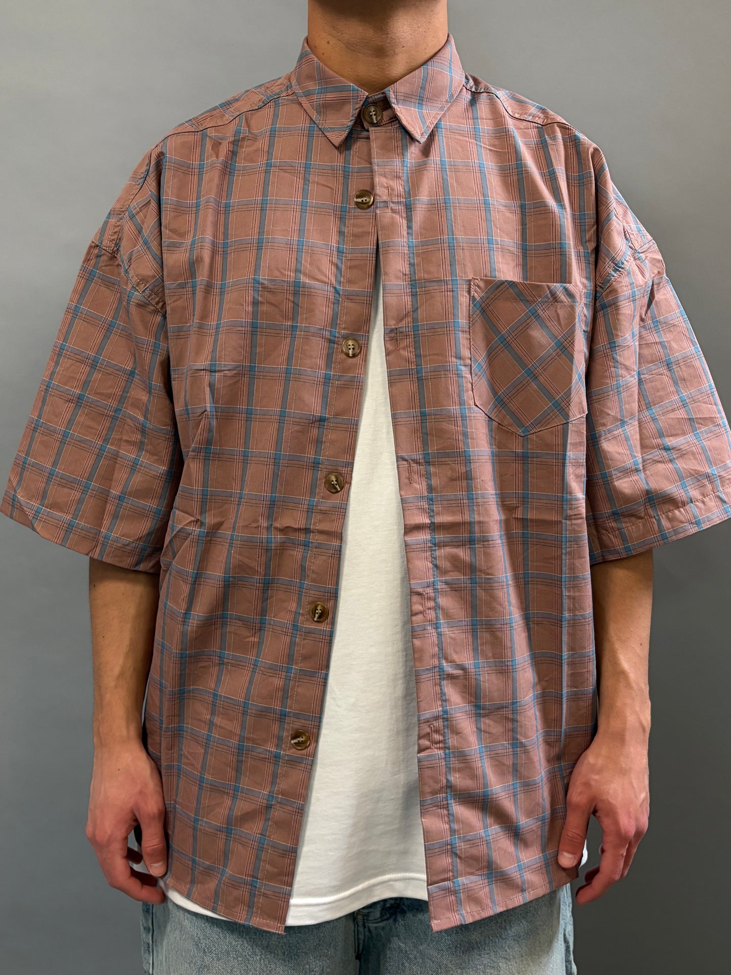 Camicia Over a Quadri Cipria Manica Corta
