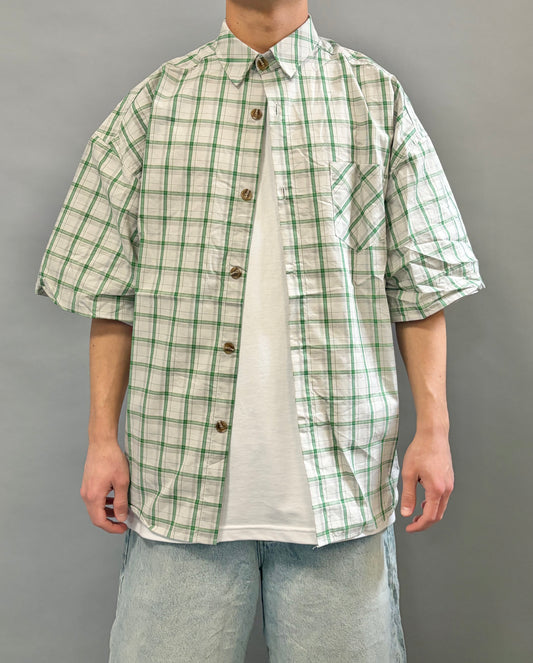 Camicia Over a Quadri Bianca e Verde Manica Corta