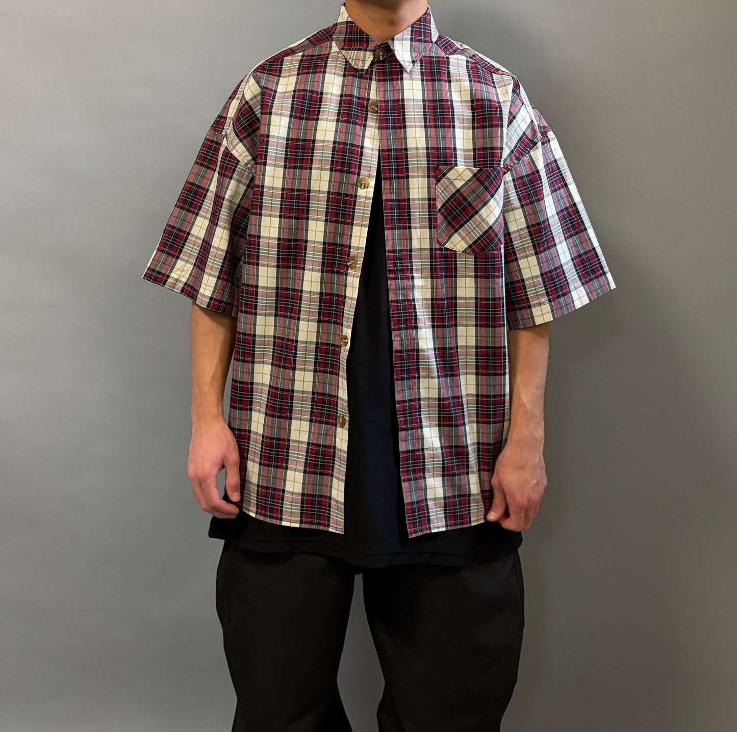 Camicia Over a Quadri bordeaux e bianco Manica Corta