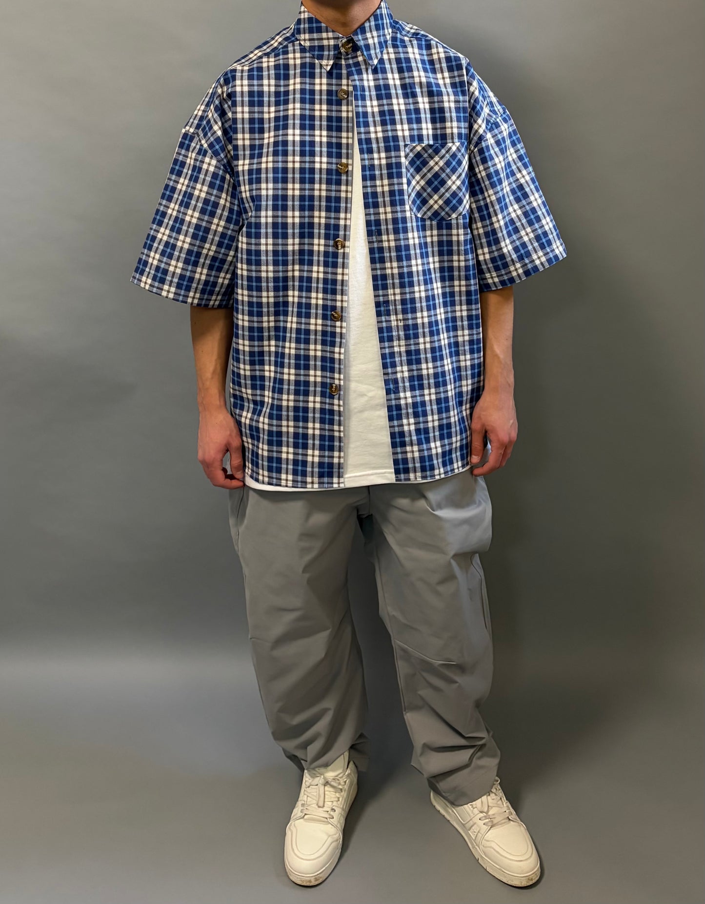 Camicia Over a Quadri blu e bianco Manica Corta