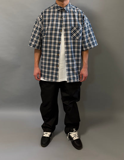 Camicia Over a Quadri Blu e Nera Manica Corta