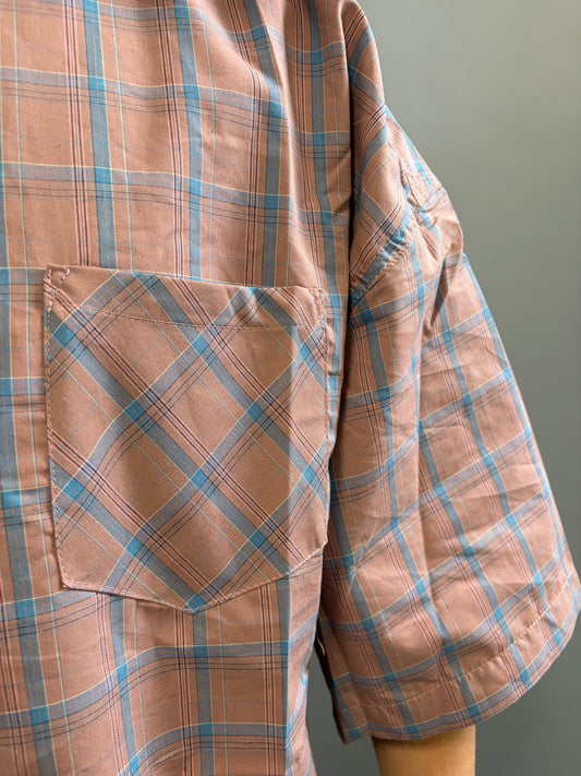 Camicia Over a Quadri Cipria Manica Corta