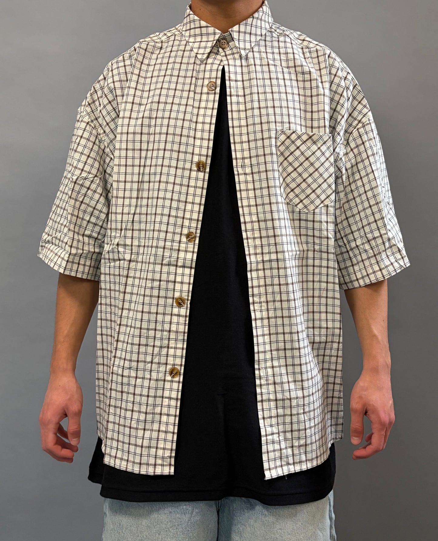 Camicia Over a Quadri Bianca Manica Corta