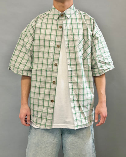 Camicia Over a Quadri Bianca e Verde Manica Corta